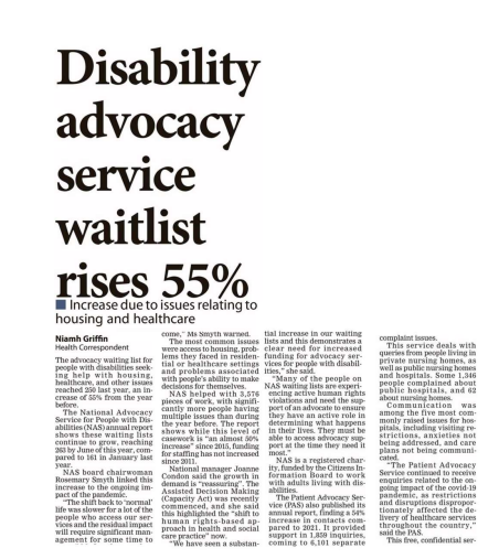 IWA (@irishwheelchair) on Twitter photo The advocacy waiting list for people with disabilities seeking help with housing, healthcare &other issues reached 250 last year - an increase of 55%.
Check out <a href="/griffinniamh/">Niamh Griffin</a>'s story in the <a href="/irishexaminer/">Irish Examiner</a> based on <a href="/AdvocacyIreland/">NAS Ireland</a> annual report findings The advocacy waiting list for people with disabilities seeking help with housing, healthcare &other issues reached 250 last year - an increase of 55%.
Check out <a href="/griffinniamh/">Niamh Griffin</a>'s story in the <a href="/irishexaminer/">Irish Examiner</a> based on <a href="/AdvocacyIreland/">NAS Ireland</a> annual report findings