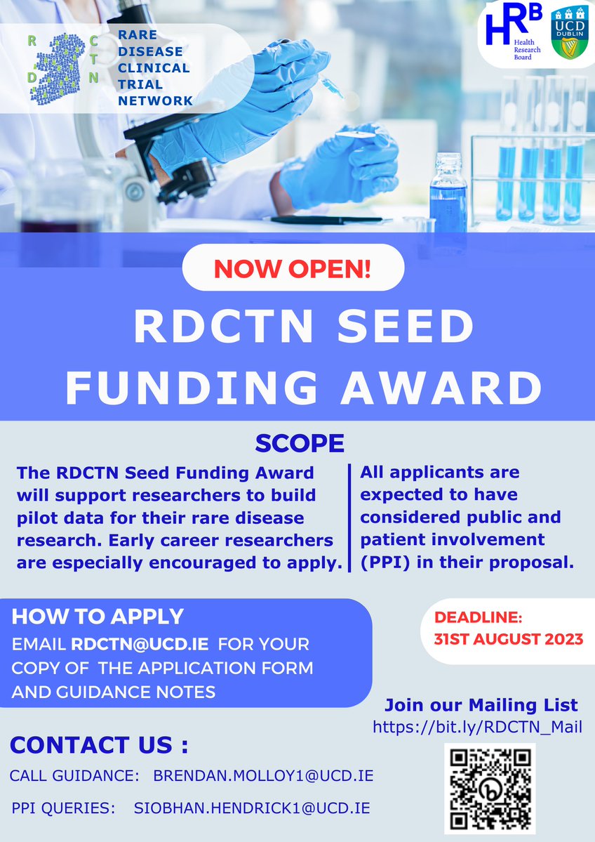 Big news for #RareDisease researchers!💡 We're delighted to announce that the call for our #SeedFunding Award is now live! For an application form & guidance notes email: RDCTN@ucd.ie @RCSI_Irl @svuh @hrbtmrn @HRB_NCTO @CHIatCrumlin @IPPOSI @CRF_CORK @RCPI_news @tcddublin