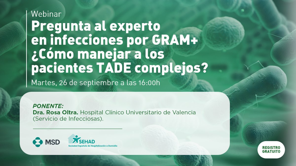 Sociedad_SEHAD's tweet photo. 🦠 Webinar SEHAD | 26 septiembre, 16h
❔ Pregunta al experto en #infecciones por GRAM+ 
🙋 ¿Cómo manejar a los pacientes TADE complejos?
👉 Registro gratuito: https://t.co/cj1nidshQN https://t.co/fKkNFxZl9x