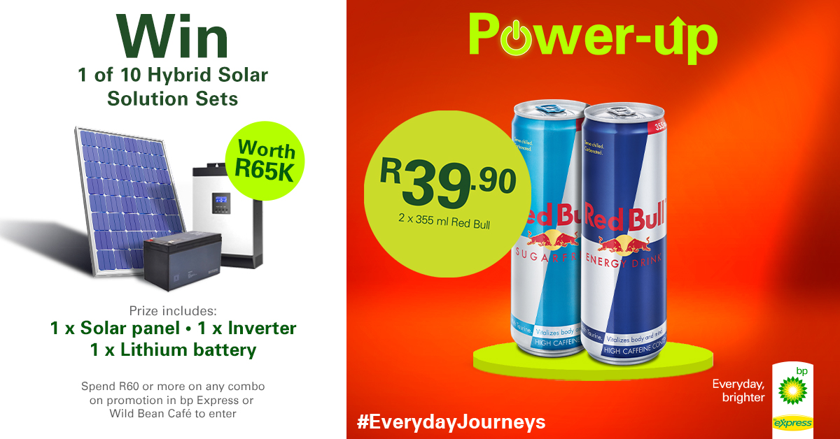 bp_SouthAfrica's tweet photo. See in-store for details or enter online at https://t.co/HHTjA5CS9g
The promotion runs until 31 August. T&Cs apply.
#PowerUpwithbp #RedBull #bpexpress #WildBeanCafe #EverydayJourneys https://t.co/TflDK2kE3h