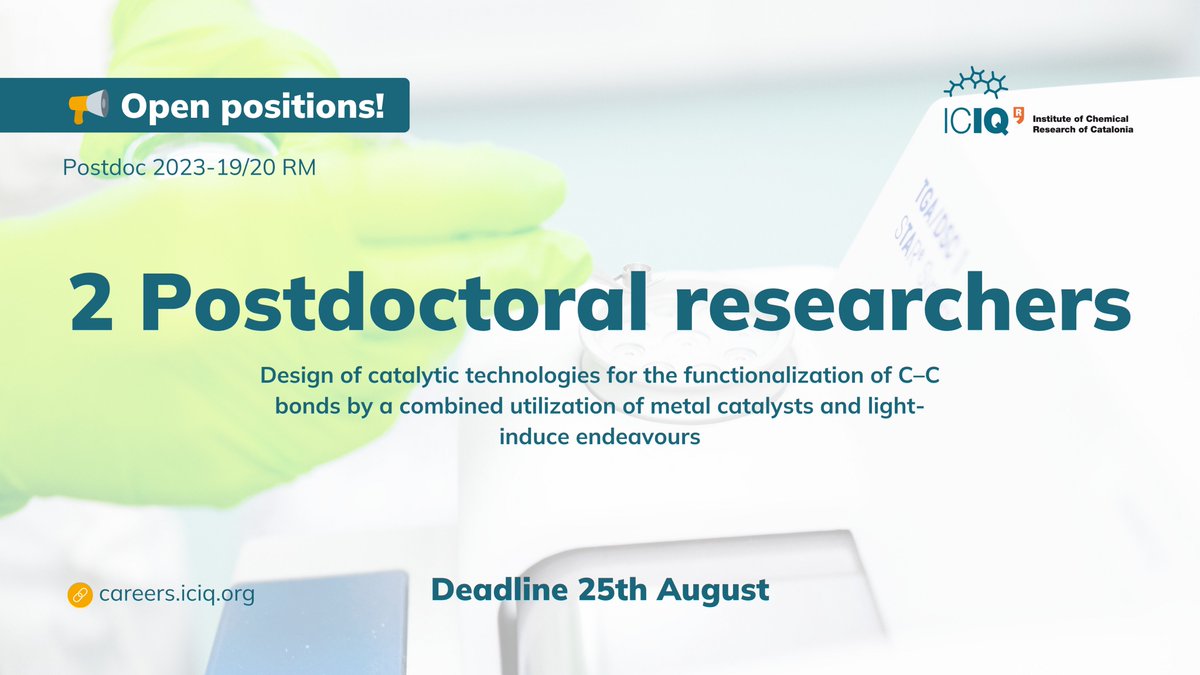 #ICIQJobs

🥼Are you passionate about designing catalytic technologies for functionalizing C-C bonds?

‼️Prof. <a href="/rmartinICIQ/">Ruben Martin</a> is seeking 2⃣ talented #postdoc researchers to join the team 

ℹ️Learn more 🔗 careers.iciq.org/jobs/3019293-p…

<a href="/RSEQUIMICA/">RSEQ</a>  <a href="/SOMM_alliance/">SOMM alliance</a> #postdocposition