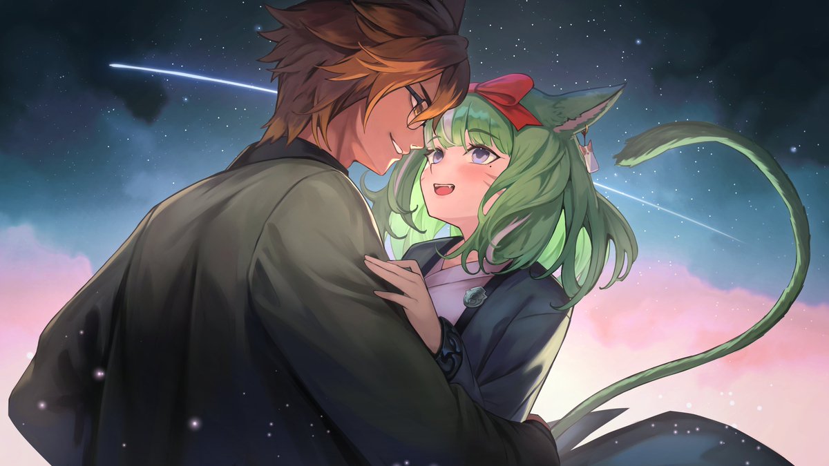 avatar (ff14) miqo'te 1girl animal ears 1boy tail green hair cat ears  illustration images