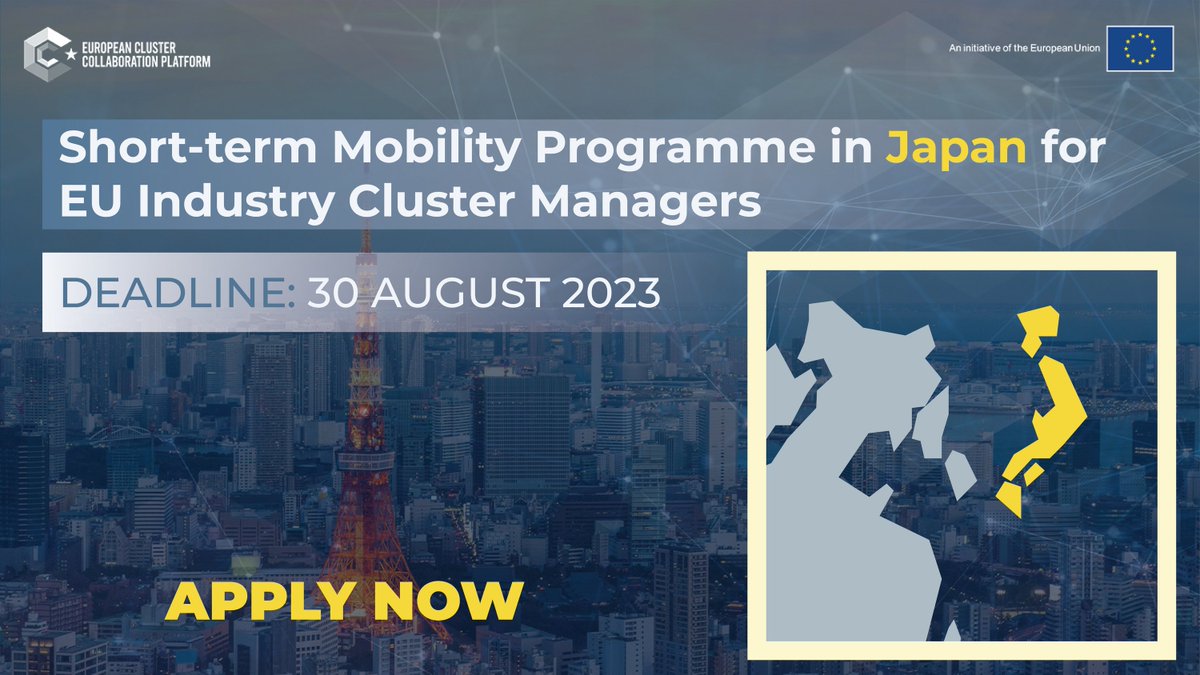 #EUClusters, want to visit Japan? 🇯🇵

The <a href="/EUJapanCentre/">EU-Japan Centre</a> is offering EU Cluster Managers up to a 6-week stay in Japan until 31 March 2024 intended to support international cluster cooperation.

⏳Deadline to apply: 30 August 2023

More info 👉 #ECCP: clustercollaboration.eu/content/short-…