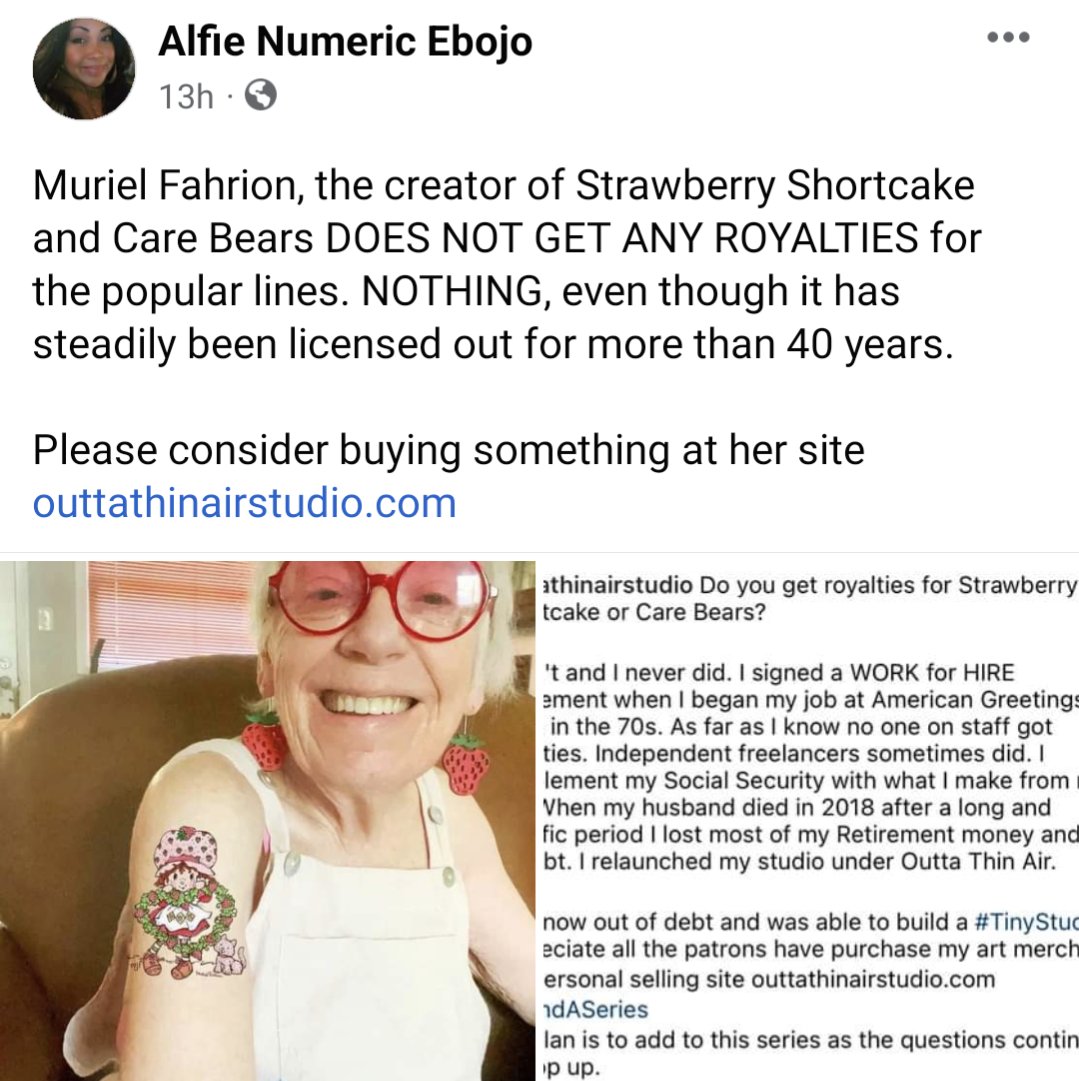 DogpatchPress's tweet image. &quot;Muriel Fahrion, the creator of Strawberry Shortcake and Care Bears DOES NOT GET ANY ROYALTIES for the popular lines. NOTHING, even though it has steadily been licensed out for more than 40 years. Please consider buying something at her site.&quot;  outtathinairstudio.com