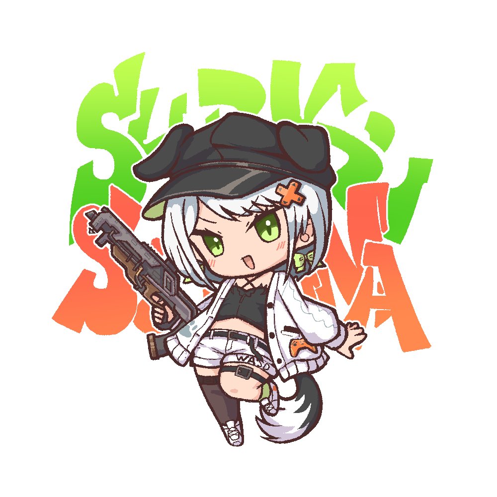1girl chibi weapon solo green eyes gun holding  illustration images