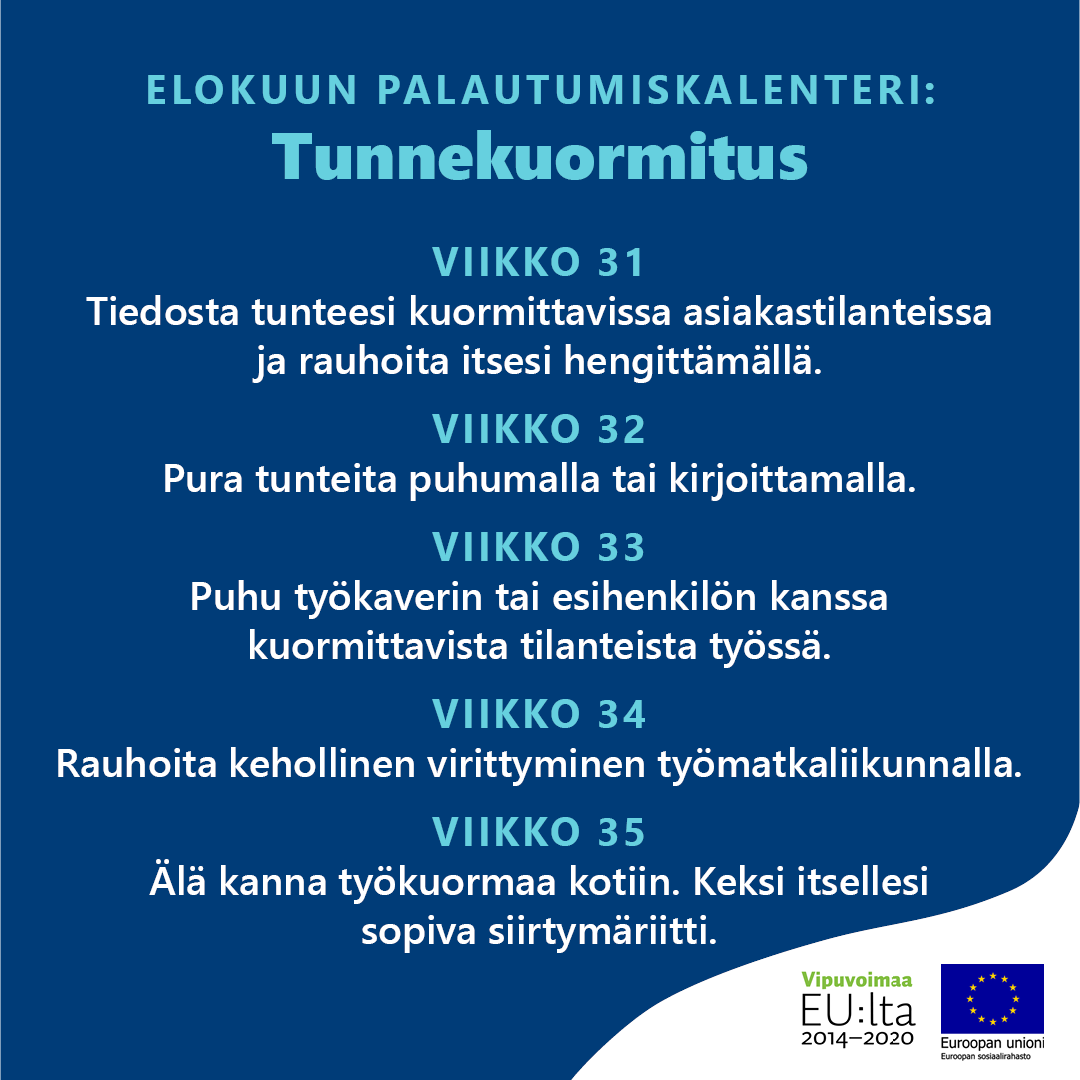 tyoterveys's tweet photo. Sote-ammattilainen, pidä huolta palautumisestasi! Elokuun palautumisvinkkimme liittyvät tunnekuormitukseen.

📅 Vuoden 2023 kaikkien kuukausien vinkit löydät OLLAPPA-hankkeen Palautumisen viikkokalenterista. Lataa ja tulosta: https://t.co/RHYt1GDCvM

#palautuminen #sote https://t.co/zwK0emHwD3