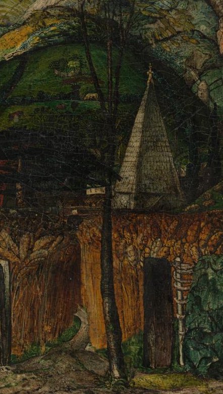 #OTD 1856 Palmer writes in his notes “There is an ancient brick house which stands back in the High Street of Margate, whence, eighty or ninety years since, my grandmother leaped in affright from a first-floor window” 

A Hilly Scene c.1826–8 (fragment)
#SamuelPalmer