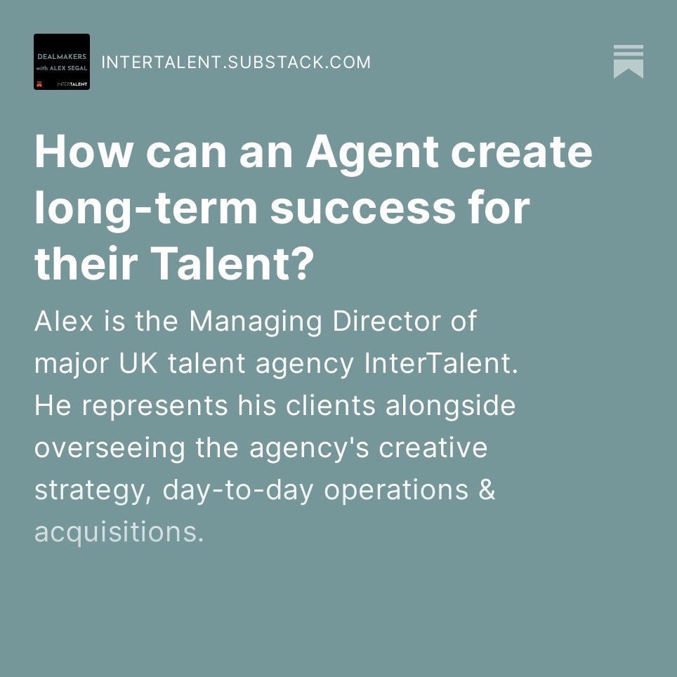 📌 My new blog post about life as a Talent Agent is out today! 🤔 How can an Agent create long-term success for their Talent? ➡️ intertalent.substack.com/p/how-can-an-a… 🔗 Subscribe for FREE to receive Dealmakers straight to your inbox.