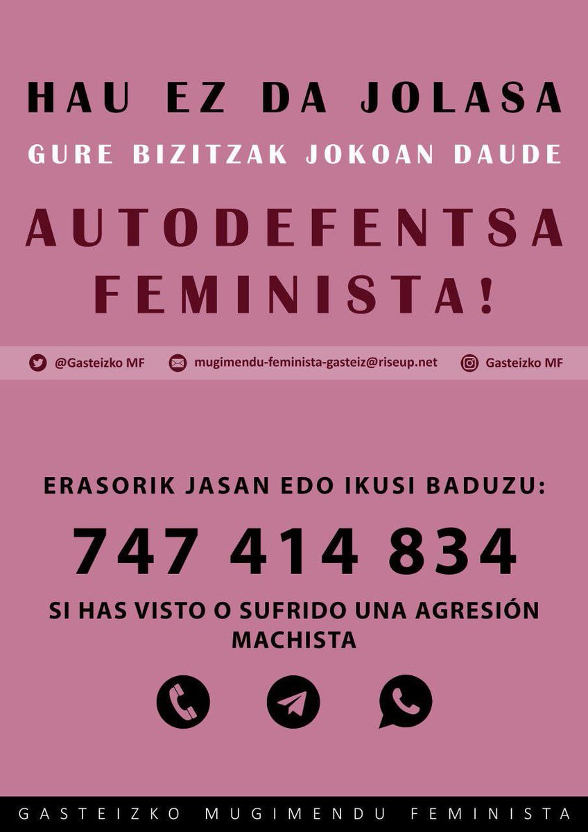 elkarteakorg's tweet photo. El Movimiento Feminista de Gasteiz @gasteizkomf 
pone a disposición un número de teléfono para dar respuesta a cualquier agresión machista en La Blanca https://t.co/fNvLSbOYLM https://t.co/wtUPIavNc9