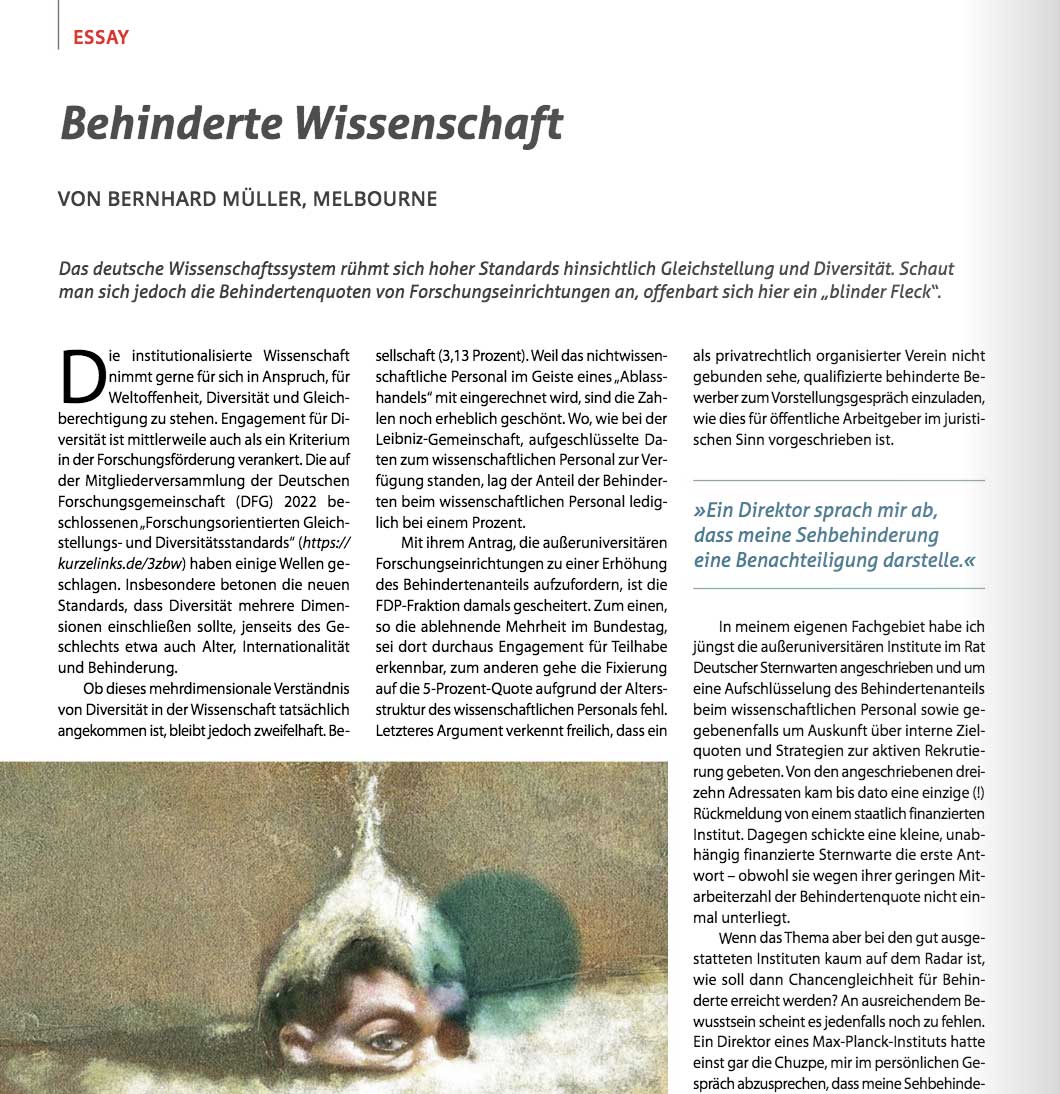 Laborjournal (@lab_journal) on Twitter photo Das deutsche Wissenschaftssystem rühmt sich hoher Standards hinsichtlich Gleichstellung und Diversität. Doch was ist mit Behinderten? Schwache Quoten an Forschungsinstituten deuten hier auf einen „blinden Fleck“…
— Sagt <a href="/BMuellerSN/">Bernhard Müller</a> in unserem Essayheft: laborjournal.de/rubric/essays/… Das deutsche Wissenschaftssystem rühmt sich hoher Standards hinsichtlich Gleichstellung und Diversität. Doch was ist mit Behinderten? Schwache Quoten an Forschungsinstituten deuten hier auf einen „blinden Fleck“…
— Sagt <a href="/BMuellerSN/">Bernhard Müller</a> in unserem Essayheft: laborjournal.de/rubric/essays/…