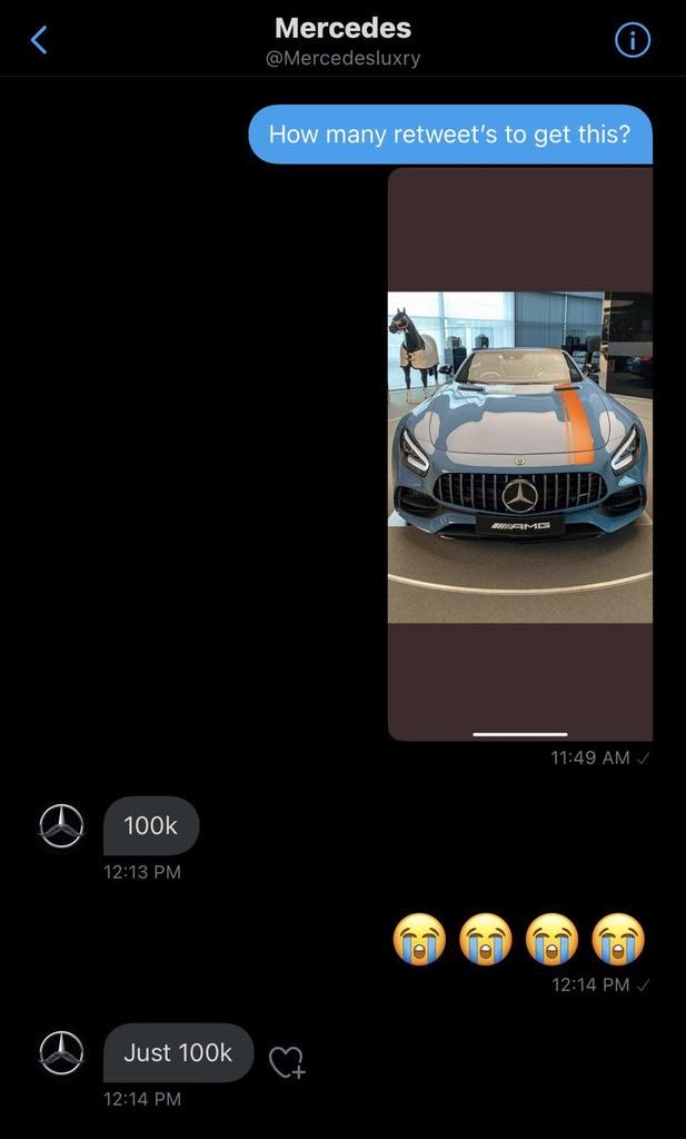 Guys I need 100k retweets to win this Mercedes Benz