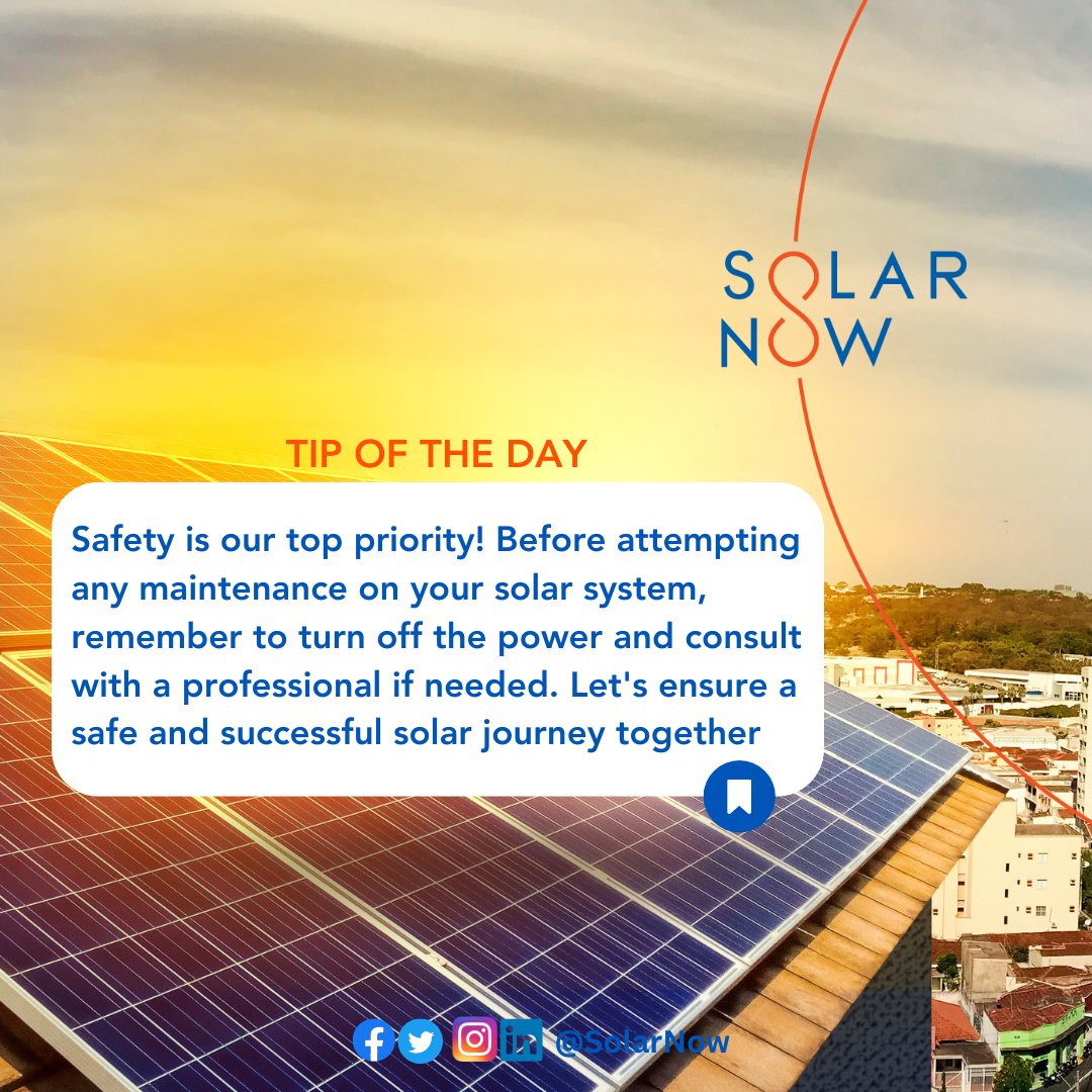 SolarNowBV's tweet photo. #SolarTip 
Safety is our top priority! Before attempting any maintenance on your solar system, remember to turn off the power and consult with a professional if needed. Let's ensure a safe and successful solar journey together. #PowerUnlimited #SolarNow https://t.co/onDwxYgadb