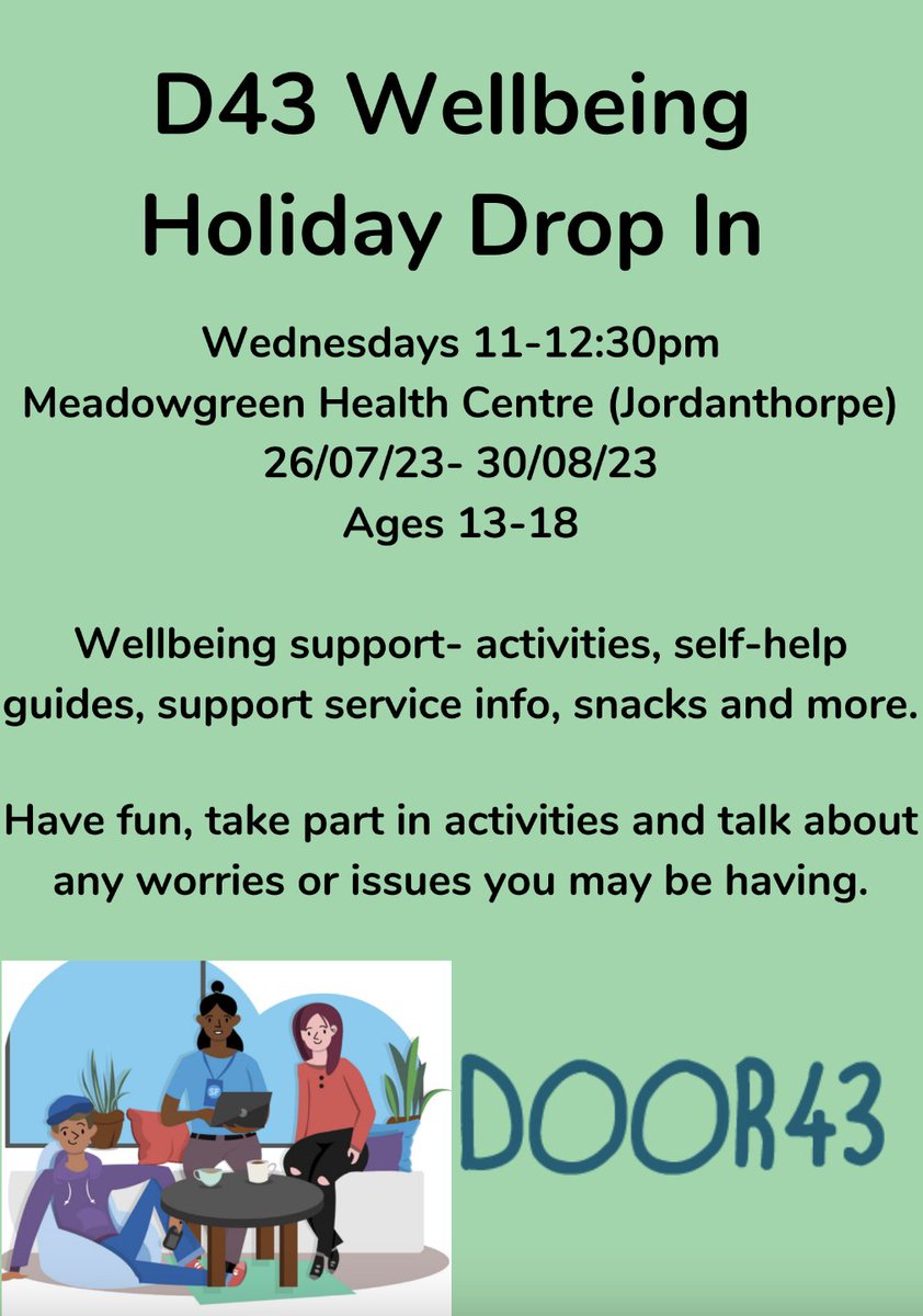 Sheffield Volunteer Centre (@volunteersheff) on Twitter photo 📣Tomorrow, Door 43 are back hosting another drop-in for 13-18 year-olds!
💫 As a part of <a href="/SheffFutures/">Sheffield Futures</a>, they offer support, well-being information and many activities ⏰ They are open every Wednesday till the end of the summer hols, so don't miss out!
🔗sheffieldmentalhealth.co.uk/services/door-… 📣Tomorrow, Door 43 are back hosting another drop-in for 13-18 year-olds!
💫 As a part of <a href="/SheffFutures/">Sheffield Futures</a>, they offer support, well-being information and many activities ⏰ They are open every Wednesday till the end of the summer hols, so don't miss out!
🔗sheffieldmentalhealth.co.uk/services/door-…
