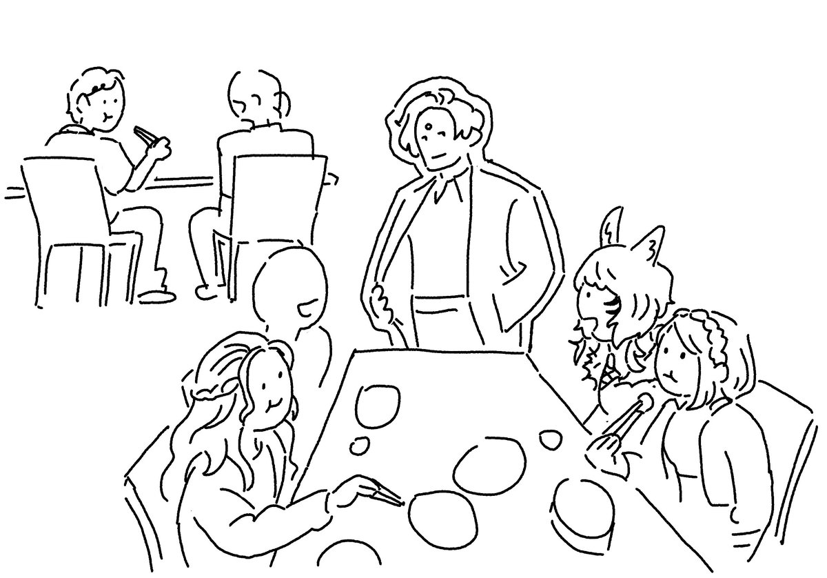 saintborel's tweet photo. just drawing this from memory but one of my favorite #helloWOrLdmnl moments was seeing some of the cool cosplayers at the same restaurant as us with the emet-selch standee they bought seated at the head of their table https://t.co/glsBkoD487