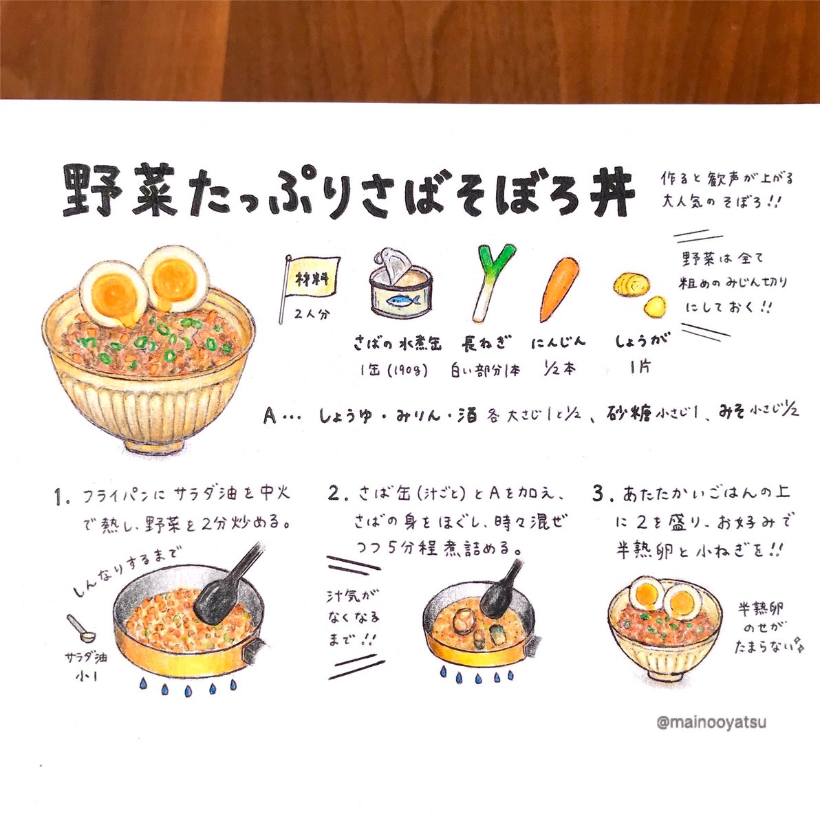 mainooyatsu's tweet photo. 夫と息子が「おいしい！」と連呼する、さばそぼろ丼✨水煮缶で簡単にできて、野菜もたっぷり！半熟卵のせが最高です🐟 https://t.co/qGrYyTEcYp