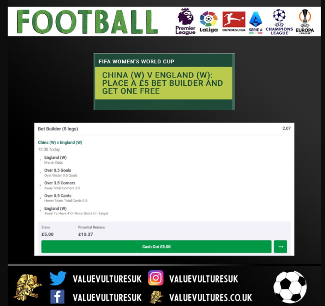 ValueVulturesUK's tweet photo. Today is the day, WE ARE OPEN TO EVERYONE!

As a little taster here is one of our bet builders for the England Women's match

Sign up today via https://t.co/zil2RtCQoE to get access to all our bets

#valuebetting #BETTING #gambling #sidehustle #money #sport #football #PADDYPOWER https://t.co/KW5qWzVcG6