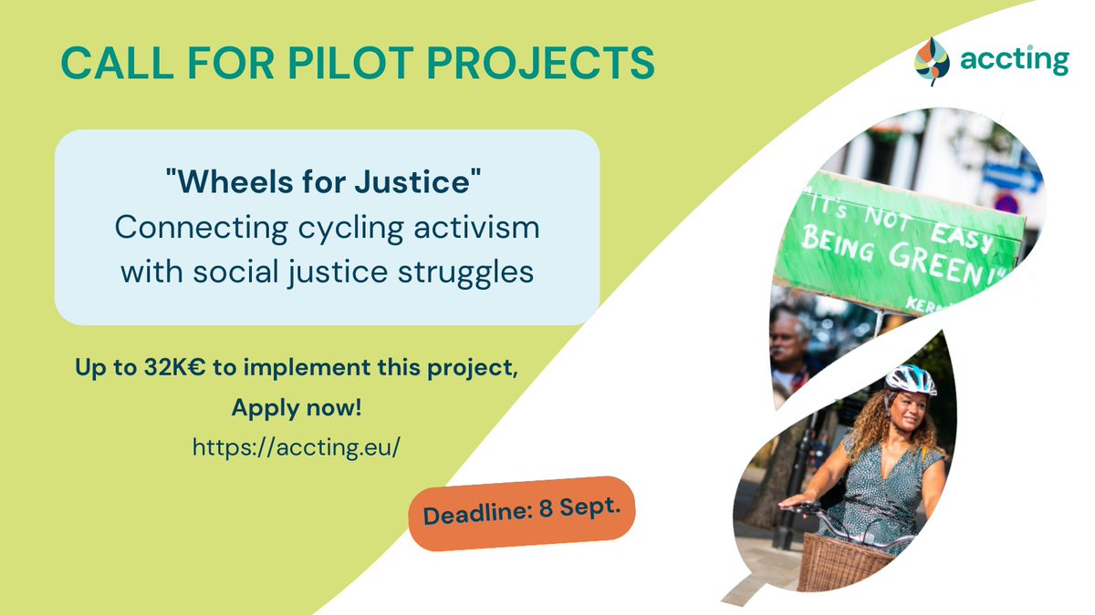 📢 Up to 32K€ available to implement the "Wheels for Justice" project!

🚴‍♀️ This pilot will aim to expand the reach and impact of #cycling, promoting it as a way to improve mobility, health, and social justice.

➡ Find out more: bit.ly/3JWHJ3x 

#FundingOpportunity