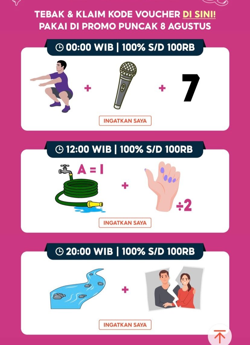 xkode06's tweet photo. Tebak Kode Voucher Badai | Shopee
🗓 8 Agustus

Kode : 
JUNGKOOK (pukul 00:00)
SELINGKUH (Pukul 12:00)
KALIMANTAN (Pukul 20:00)

*Diskon 100% s/d 100rb, Min. Blj 0
*Dapat digunakan sesuai Jam tertera
*Berlaku untuk produk tertentu

Input kode disini
https://t.co/P0qfx4SPMh https://t.co/k2MRqtOfRf