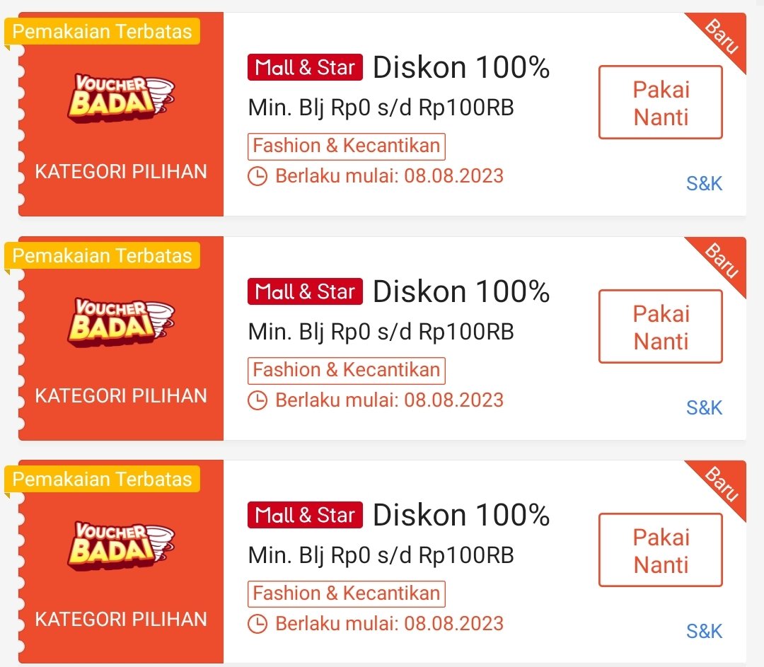 xkode06's tweet photo. Tebak Kode Voucher Badai | Shopee
🗓 8 Agustus

Kode : 
JUNGKOOK (pukul 00:00)
SELINGKUH (Pukul 12:00)
KALIMANTAN (Pukul 20:00)

*Diskon 100% s/d 100rb, Min. Blj 0
*Dapat digunakan sesuai Jam tertera
*Berlaku untuk produk tertentu

Input kode disini
https://t.co/P0qfx4SPMh https://t.co/k2MRqtOfRf