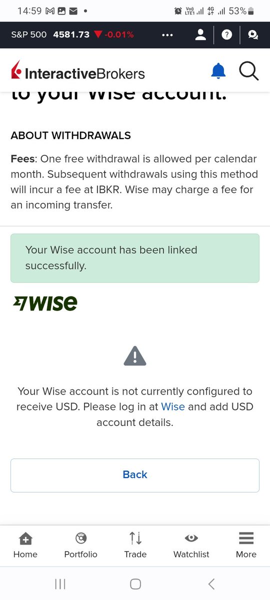 christmburu's tweet photo. @Wise @IBKR 
Can I withdraw money from my IBKR trading account to wise?

This is the feedback am getting. https://t.co/13C6KR2l3B