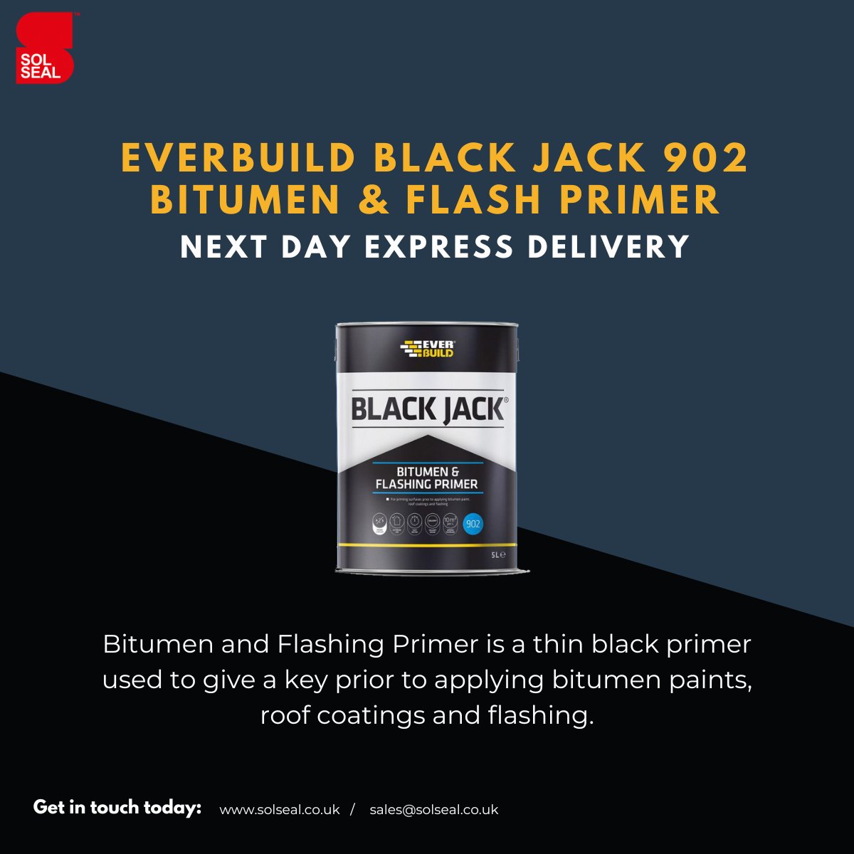 SolsealUK's tweet image. In our newest product lineup, we offer Bitumen and Flash Primer. This black primer is applied thinly to provide a surface for applying bitumen paints, roof coatings, and flashing.

Receive your order with express delivery: bit.ly/3PTHU3o
#BlackJack #Solseal #Everbuild