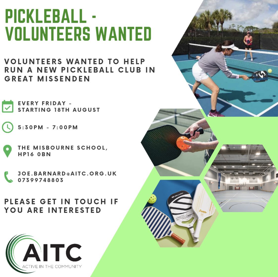 AITCBucks's tweet photo. Volunteers Wanted!🤝

We are looking to set-up a new Pickleball club to benefit the community. We are looking for individuals who would be interested in becoming our Community Champions, and help with the running of the sessions on the day. 

Get in touch today! https://t.co/mjFl1yrX7P