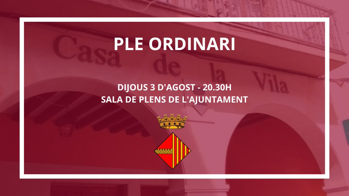 AjTalarn's tweet photo. 🏛️ PLE ORDINARI 🏛️

Aquest dijous, 3 d'agost, a les 20.30h se celebrarà el ple ordinari a la sala de plens de l'Ajuntament.

🗣️ Recordem que totes les sessions són públiques i obertes a la ciutadania.

🗒️ Pots consultar l'ordre del dia aquí:
https://t.co/ZXlevlwrme https://t.co/KTywIP6MNx