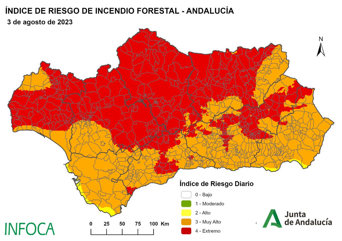 Plan_INFOCA's tweet photo. 🗺️ RIESGO INCENDIOS FORESTALES #Andalucía | 01/08/23
Pocos cambios en el índice de riesgos que nos pasa la #UTAF, los avisos por altas temperaturas, o el estrés hídrico en la vegetación...
¡Sin despistes! Si ves negligencias, o actitudes sospechosas de causar 🔥 ¡Llama al 1-1-2! https://t.co/dubiDme62j