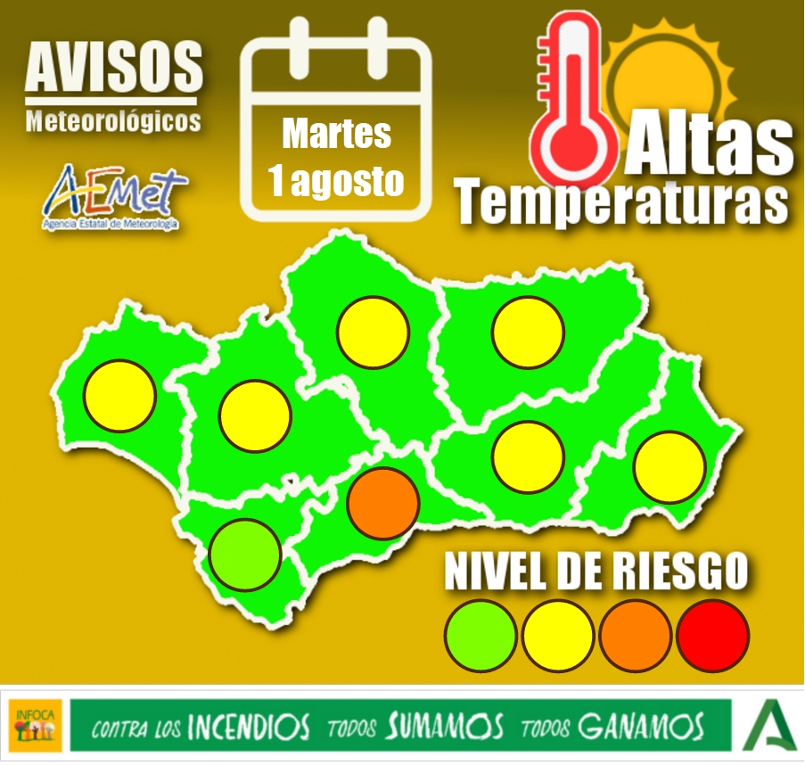 Plan_INFOCA's tweet photo. 🗺️ RIESGO INCENDIOS FORESTALES #Andalucía | 01/08/23
Pocos cambios en el índice de riesgos que nos pasa la #UTAF, los avisos por altas temperaturas, o el estrés hídrico en la vegetación...
¡Sin despistes! Si ves negligencias, o actitudes sospechosas de causar 🔥 ¡Llama al 1-1-2! https://t.co/dubiDme62j