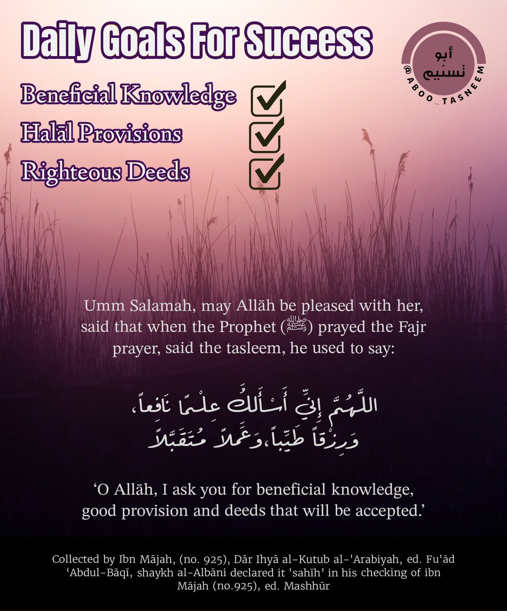 Aboo_Tasneem's tweet photo. Daily goals for success

The to do list:

Seek Beneficial Knowledge,
Seek Halāl provisions,
Seek to do righteous actions https://t.co/kcRlHL1HPs