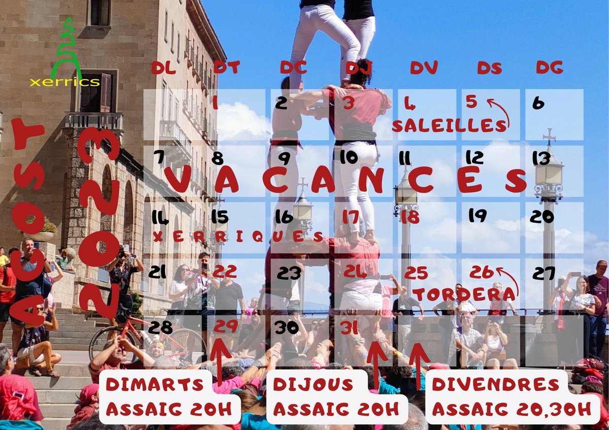 XerricsOlot's tweet photo. Ja tenim aquí el més d'agost i aquest és el calendari xerric!Apunteu-vos les dates al calendari!
- 5 agost a SALLEILLES
- 26 agost a TORDERA
- #Vacances: del 6 al 17 d'agost
- #Assaigalafresca 18 agost
Us hi esperem a tots!
#calendari #xerrics #agost #assaig #diada #castells https://t.co/qz3dh45iw2