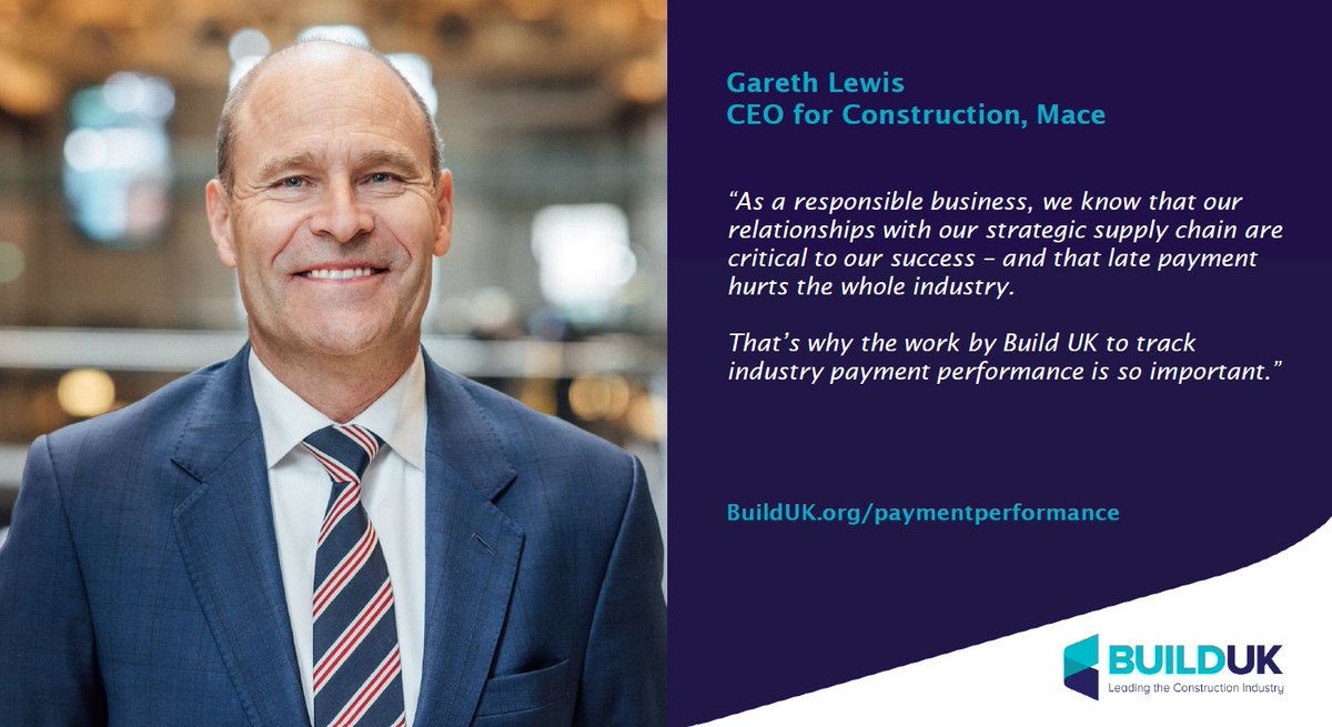 “Our relationships with our strategic supply chain are critical to our success.”

- Gareth Lewis, @MaceGroup CEO for Construction

🏗️ Find out more about Build UK’s work to benchmark #construction’s payment performance below:

builduk.org/paymentperform…

#TransformingConstruction