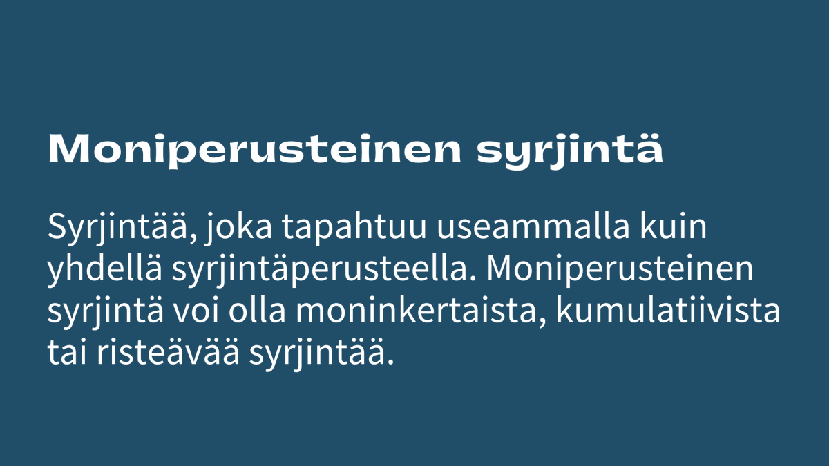 Yhdenvertaisuuden edistäminen edellyttää eri syrjintäperusteiden yhtäaikaista huomioimista, sillä yksi ihminen voi kokea syrjintää useammasta eri syystä. Eri syrjintäperusteet kietoutuvat usein yhteen.

Ketju moniperusteisesta syrjinnästä⬇️ 1/
