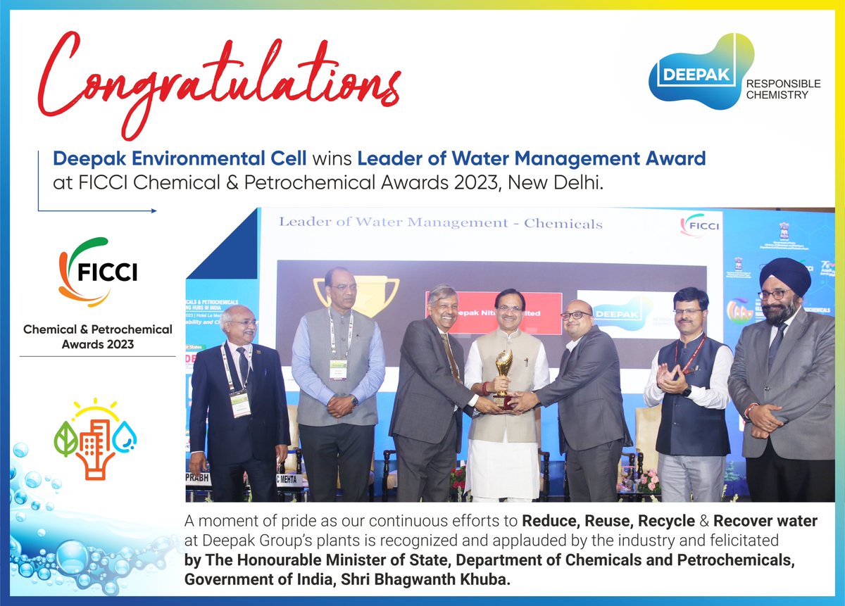 Our teams #awarded for efforts to #smartly #sustainably  use #reuse #Recycle steam &amp; water generated in operations to drive efficient water #circularity &amp; management across all our plants, resonating with our commitment to #ResponsibleChemistry <a href="/ficci_india/">FICCI</a> #GCPMH23 #proudmoment