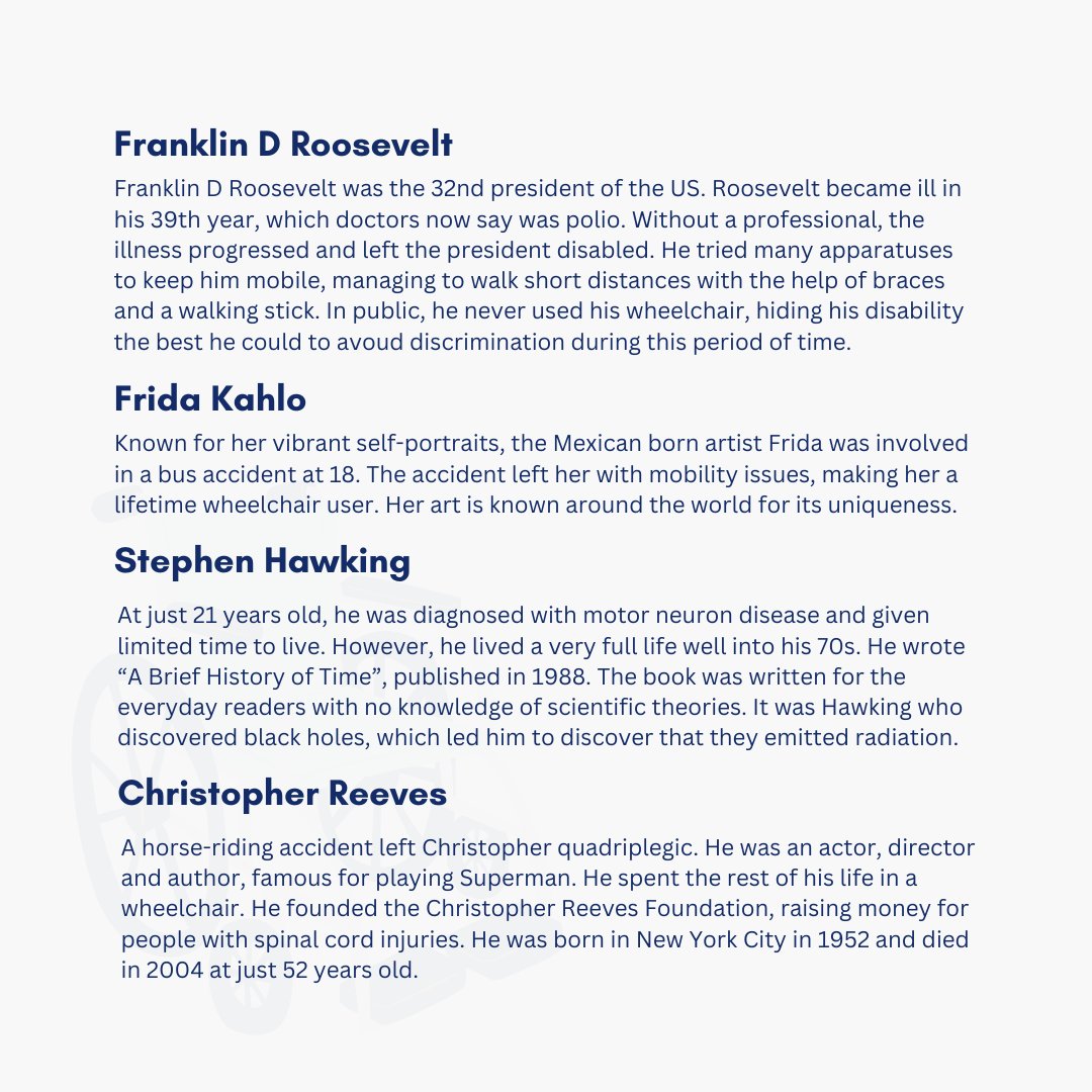 DisabilityCtr's tweet image. Can you name a famous wheelchair user?🦽

Today, we are sharing just some of the famous wheelchair users from over the years, including Frida Kahlo &amp;amp; Christopher Reeves. 

Read more about each user 👉

#wheelchair #famouswheelchairuser #disabilityuk