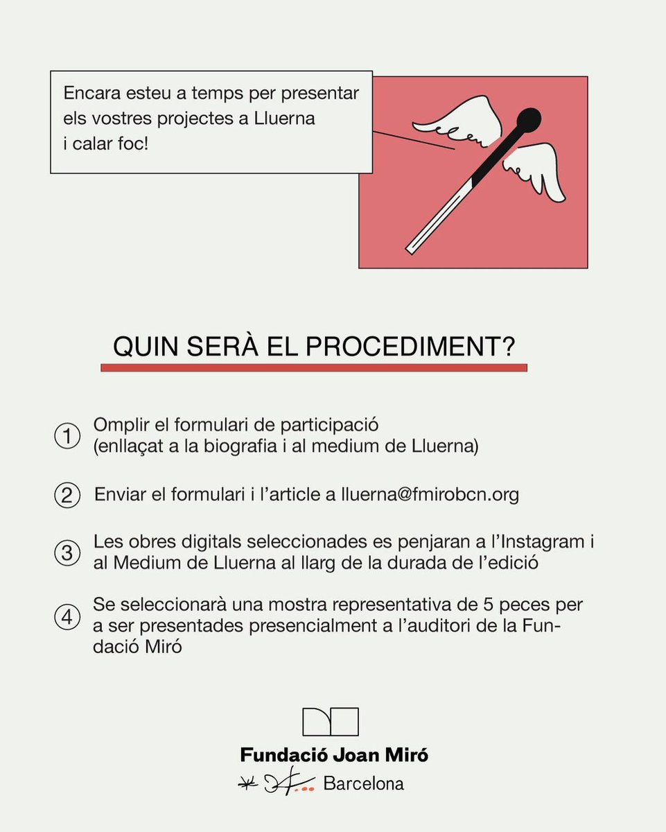 fundaciomiro's tweet photo. 📝 Poesia
🖼️ Pintura
🗿 Escultura
🏛️ Instal·lació
📚 Relat
🩰 Dansa
📽️ Audiovisual
📷 Fotografia

🙋‍♀️ Quina proposta creativa tens preparada per a la tercera edició de #Lluerna? 

🔔 Tens temps fins al 18 d'agost! https://t.co/K1dGdtEMPr https://t.co/ElRlEPQL37