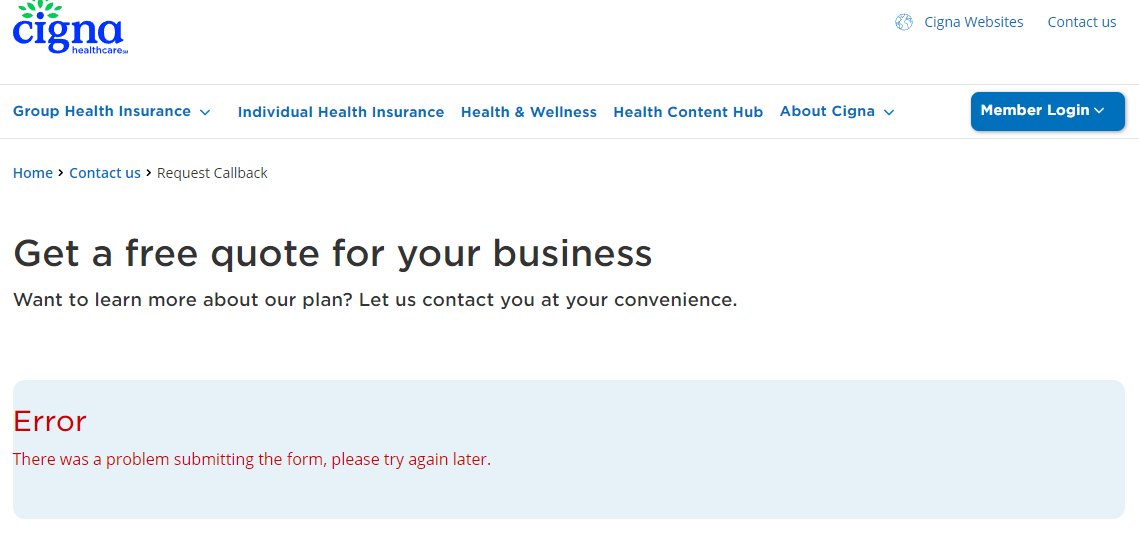 Hey <a href="/Cigna/">Cigna Healthcare</a> @Cignaquestions  your "Request a Quote" function in your Singapore website isn't working.