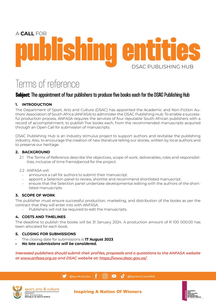DSAC in collaboration with ANFASA, is excited to announce the "DSAC Publishing Hub" initiative. This project aims to support authors, stimulate the publishing industry, promote the creation of new literature and preserves our heritage. anfasa.org.za/dasc-publishin…