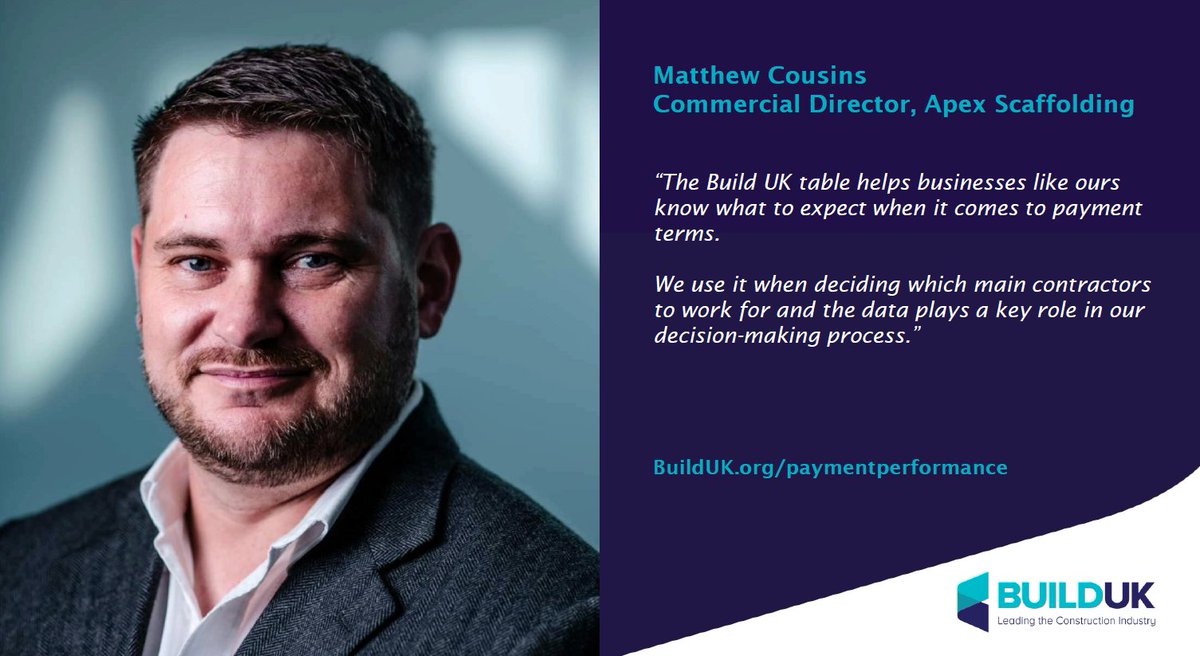 “The data plays a key role in our decision-making process.”

- Matthew Cousins, Apex Scaffolding Commercial Director, @NASCScaffolding

📈 Learn about Build UK’s work to benchmark #construction’s payment performance below:

builduk.org/paymentperform…

#TransformingConstruction
