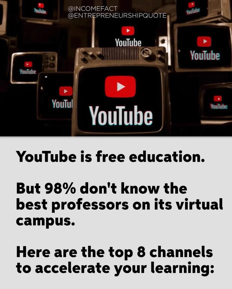 MindMatterMoney's tweet photo. YouTube is free education.

98% don't know the best professors on its virtual campus.

Here are the top 8 channels to accelerate your learning: https://t.co/bwd1kh8X7H