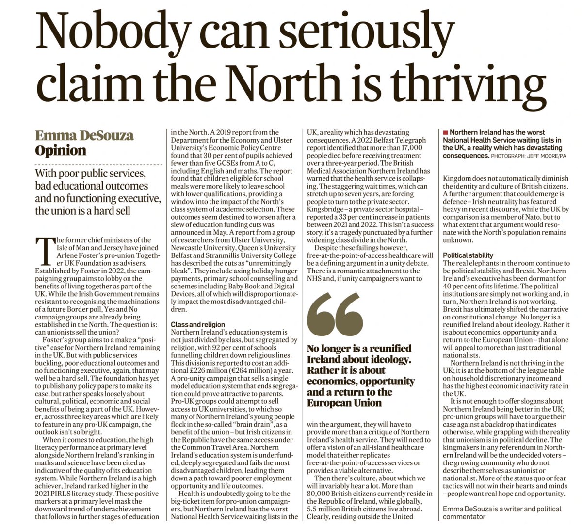 'Nobody can seriously claim the North is thriving' - Emma DeSouza