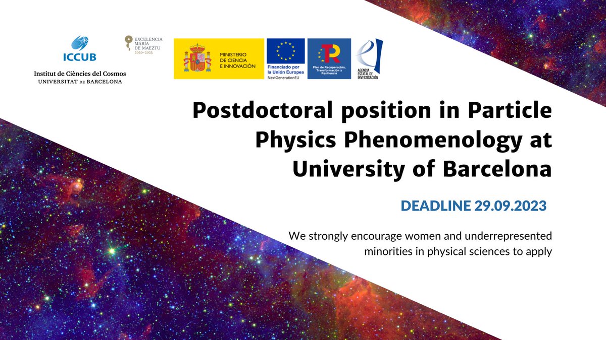 🔴The #ICCUB is #hiring!

The Particle Physics Phenomenology group offers a postdoc position for the project "Quantum Particles at the Weak Scale", supervised by Prof. Virto.

🗓️Deadline 29 September  
🔗icc.ub.edu/node/263149

#WomenInSTEM #womenintech #Physics