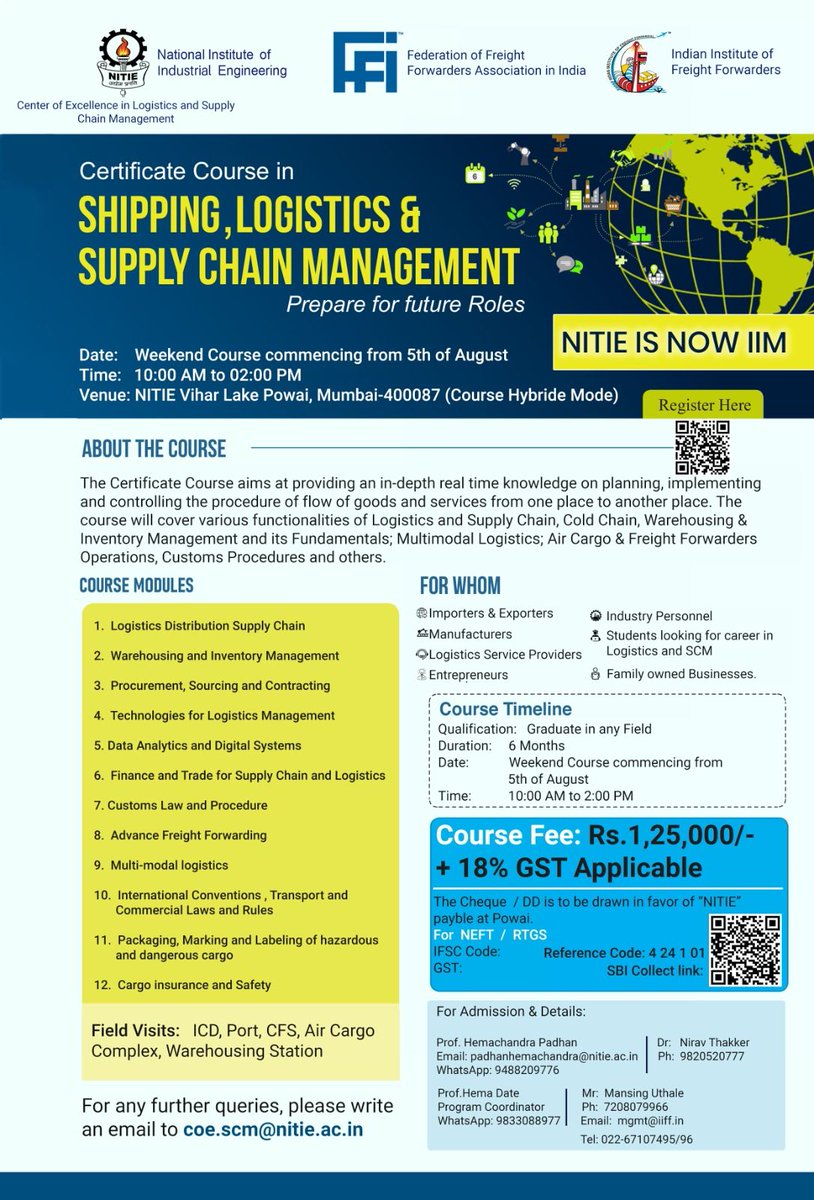 FFFAI_INDIA's tweet photo. Certificate course in Shipping, Logistics and Supply Chain Management
Weekend course commencing from August 5, 2023
Enroll Now!
#logisticscourse #iiffcourse #certificatecourse #logistics #supplychain #supplychainmanagement #enrolnow #fffai #logisticseducation #skilldevelopment https://t.co/qOkQQJvw9L