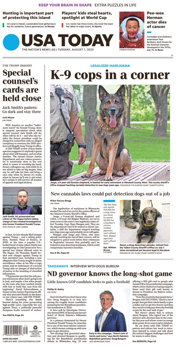 🇺🇸 K-9 Cops In A Corner

▫ New cannabis laws could put detection dogs out of a job
▫<a href="/NdeaYanceyBragg/">N'dea Yancey-Bragg</a>
▫is.gd/ybbTZk 🇺🇸

#frontpagestoday #USA <a href="/USATODAY/">USA TODAY</a>
