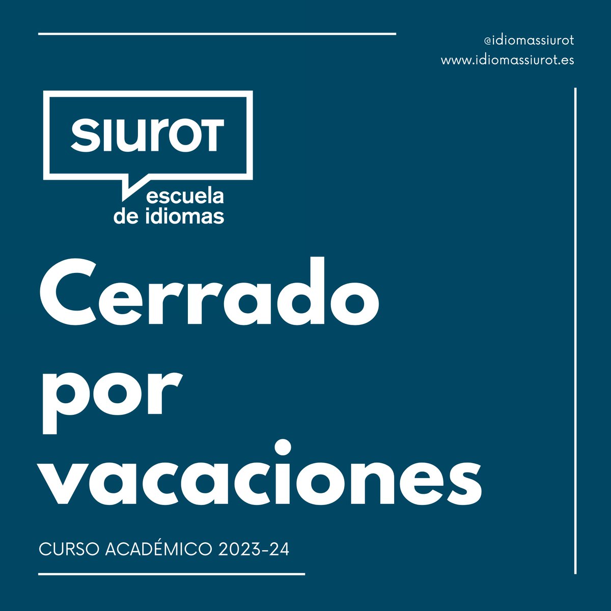 Nos vamos de vacaciones 🏖️.

La escuela de idiomas del <a href="/colegiomsiurot/">Colegio Manuel Siurot de Málaga</a> se va de vacaciones 🌊.

El equipo de <a href="/idiomassiurot/">Idiomas Siurot - Málaga</a> retomará su actividad habitual el viernes 1 de septiembre de 2023. 🛫

Feliz y merecido tiempo de descanso para todos. 🏄

💙 #IdiomasSiurot #SomosSiurot