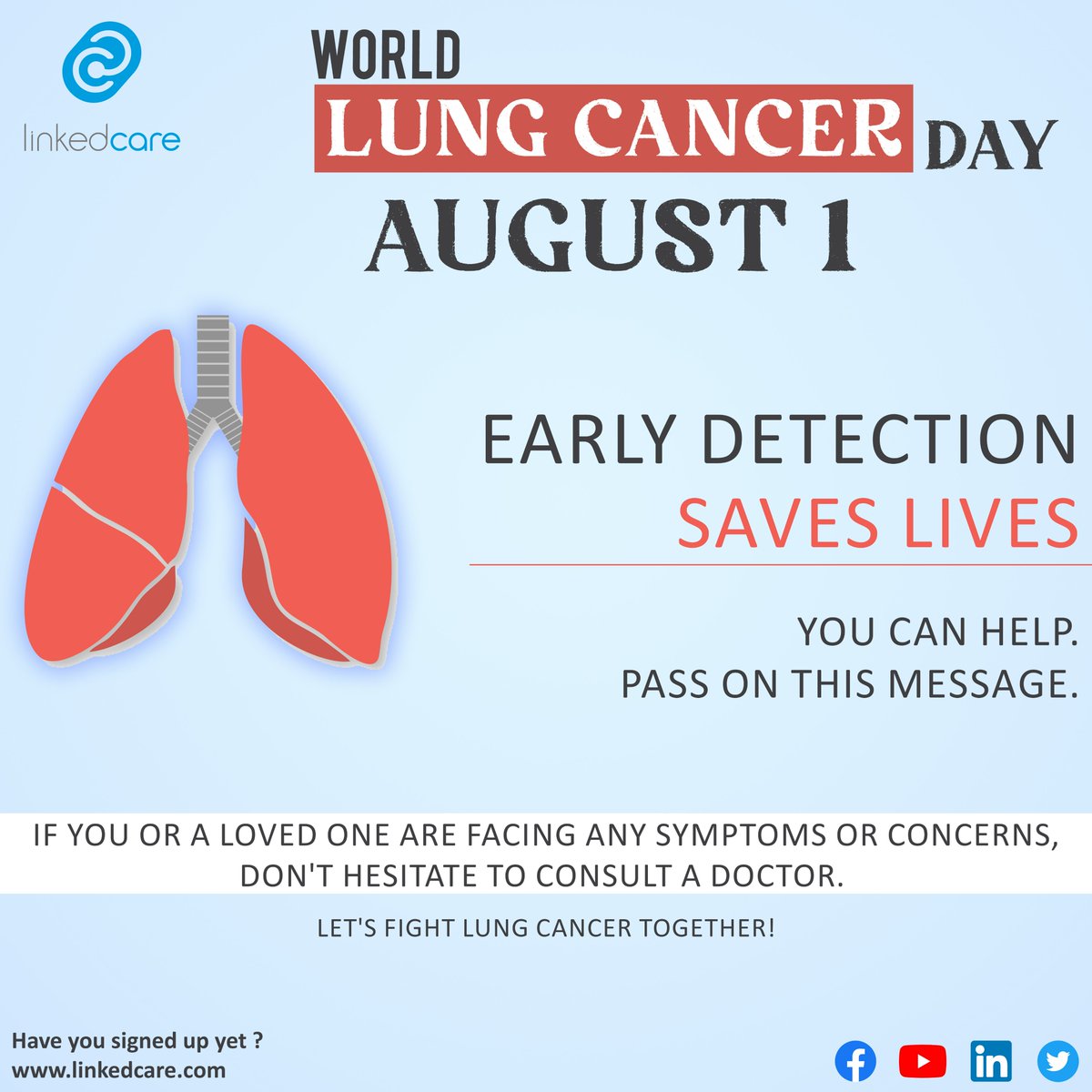 Linkedcare_In's tweet photo. "Prevention is key! Spread awareness about the risk factors and importance of a healthy lifestyle.
๐๐จ๐ซ๐ฅ๐ ๐๐ฎ๐ง๐ ๐๐๐ง๐๐๐ซ ๐๐๐ฒ๐ซ
#lungcancerday2023 #lungcancerawareness #lungcancersurvivor #lungs #cancer #healthcare #linkedcare #onlineconsultation #onlinedoctors #patientcare #patientsafety