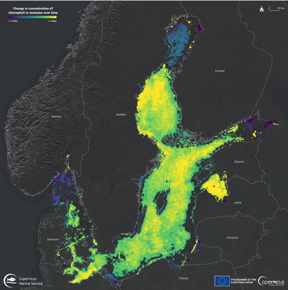VSinkevicius's tweet photo. 97% of the Baltic Sea is affected by eutrophication, clearly visible in this image.

Eutrophication means less oxygen, fewer fish, less life &amp; more vulnerable ecosystems.

At #OurBaltic conference on September 29, we’ll convene to find tangible solutions.

https://t.co/pUugMTQ0PF https://t.co/WbCpDzlCzK