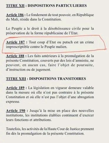 🟠🇲🇱Mali: dans la nouvelle constitution du Mali, promulguée par le colonel Assimi Goïta, «Tout coup d’État ou putsch est un cr!me imprescriptible contre le peuple malien».

#Politics #Afrikbuzz #Mali #CoupdEtat