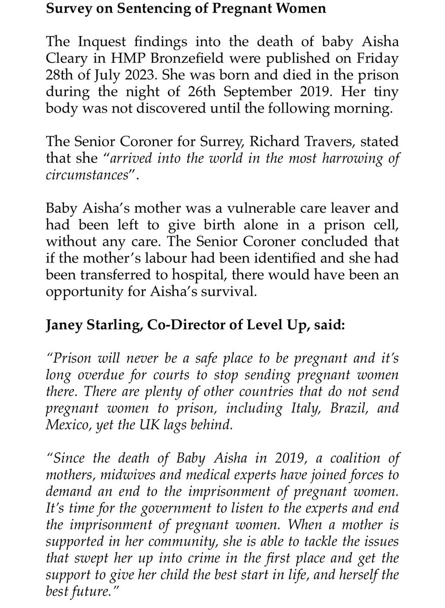 TheCriminalBar's tweet photo. The Sentencing Council is due to begin a consultation on the sentencing of pregnant women in late 2023

If you have represented clients who are pregnant/recently pregnant, in criminal proceedings, particularly at sentencing, please do complete the survey.

https://t.co/EolwfM07ej https://t.co/wytt5i5Cgg