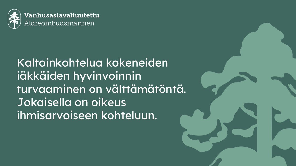 Väkivaltaa tai kaltoinkohtelua kokeneella iäkkäällä ihmisellä on oikeus tukeen ja apuun. Kaltoinkohtelu syrjäyttää, ja sen taustalla on usein syrjäytymisen kokemuksia. Kaltoinkohtelua kokeneiden iäkkäiden hyvinvoinnin turvaaminen on välttämätöntä. 1/